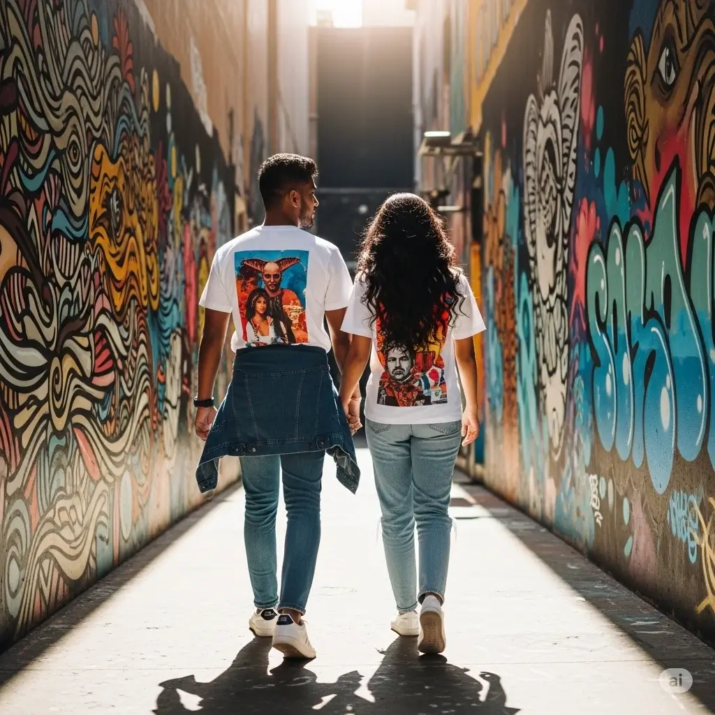Couple walking hand in hand down a colorful alley with street art murals, wearing casual jeans and white T-shirts with bold graphic prints on the back.