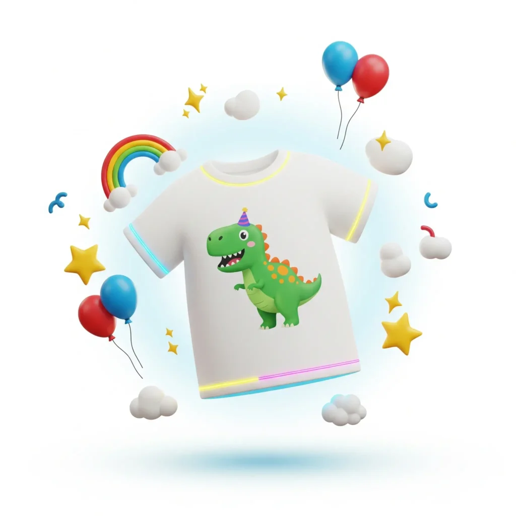 A cute white T-shirt featuring a green dinosaur with a party hat. The shirt is surrounded by colorful balloons, stars, clouds, and a rainbow, creating a fun and playful atmosphere.