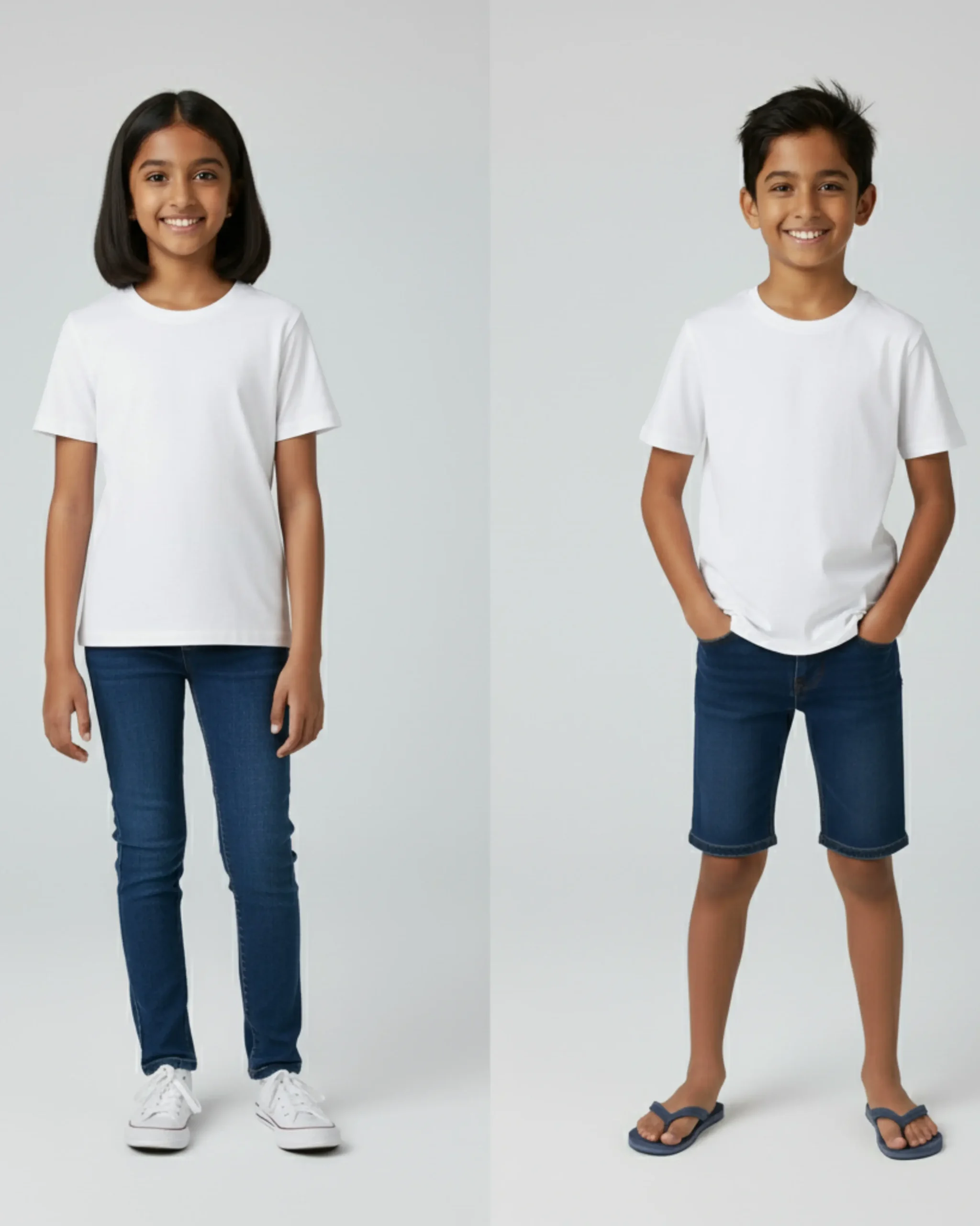 Dual model product shot of a Sri Lankan girl and Sri Lankan boy both wearing plain white unisex kids' crew neck t-shirts. The girl wears dark jeans, and the boy wears denim shorts, ideal for children's apparel size comparision