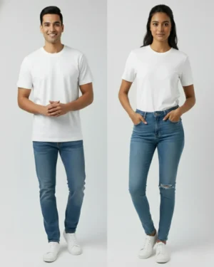 A Sri Lankan male and Sri Lankan female model wearing simple white regular-fit crew neck t-shirts with classic blue jeans and white sneakers