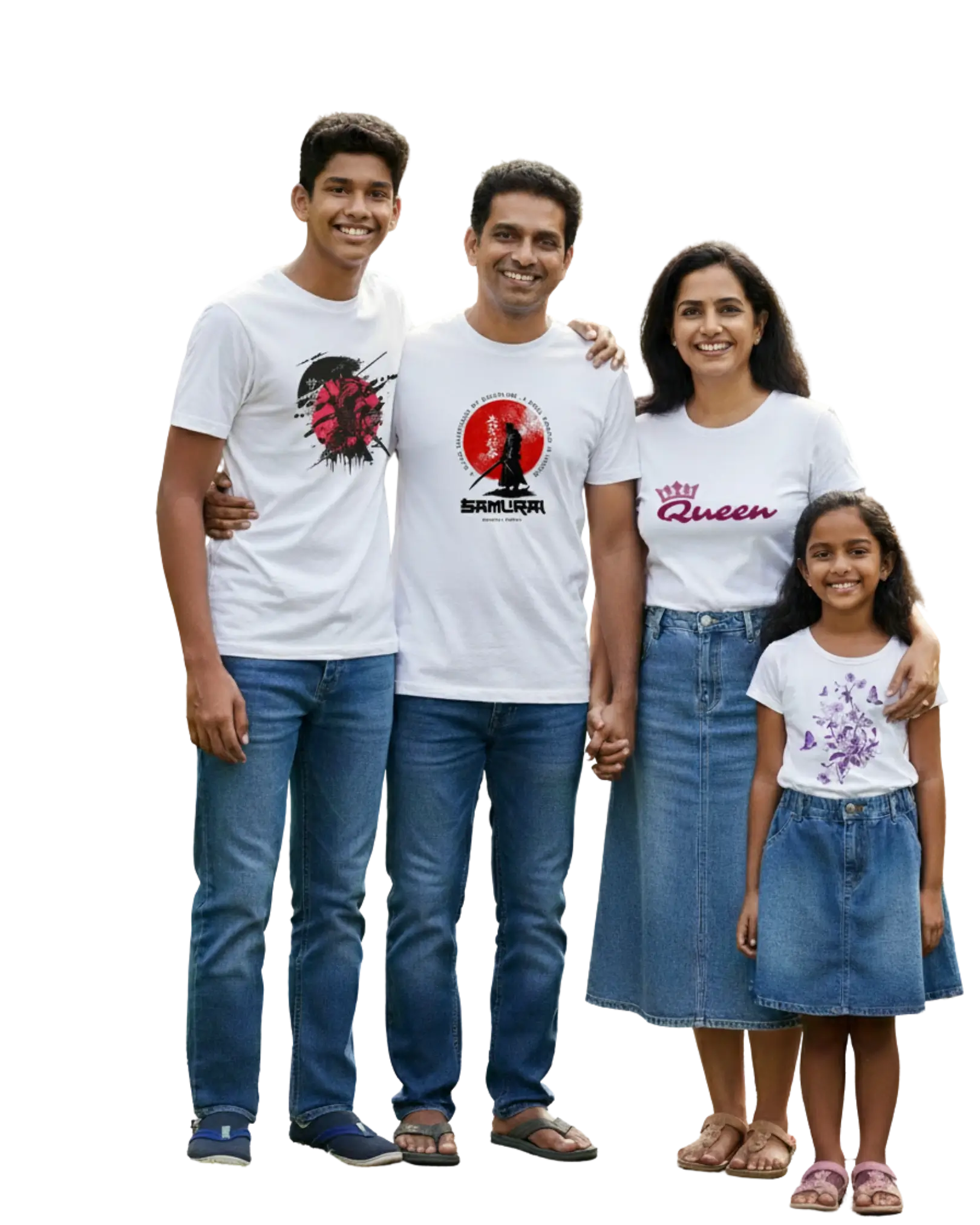 A sri lankan family wearing printed t-shirts