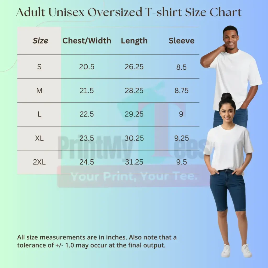 Adult unisex oversized t-shirt size chart