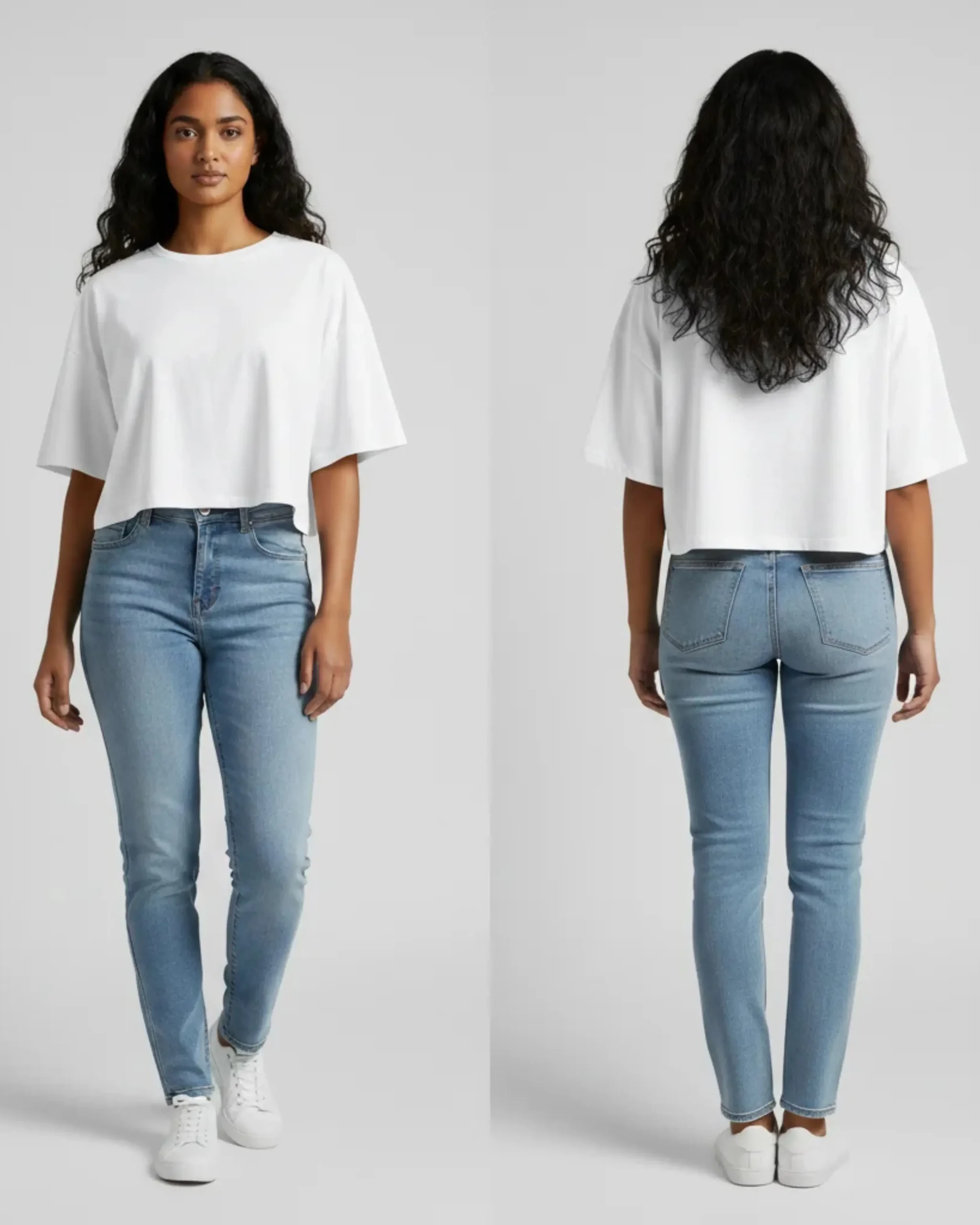 Front and back full-body product view of a Sri Lankan woman modeling a plain white oversized crop top t-shirt, paired with light wash skinny jeans and white sneakers.