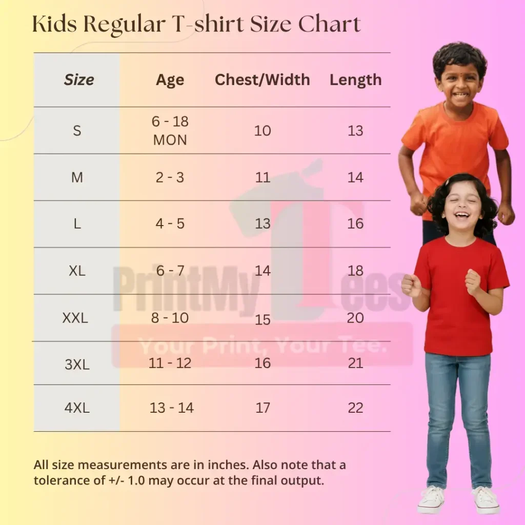 Kids unisex regular t-shirt size chart