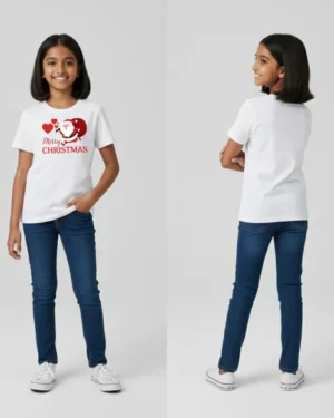 Girl in a white Merry Christmas Santa-and-hearts graphic t-shirt and jeans, front and back views highlighting the playful red holiday print on the girls' tee.