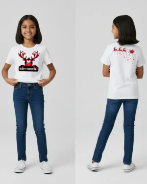 Girl in a white Merry Christmas t-shirt with bold red plaid reindeer artwork on the front and Santa sleigh with reindeer and scattered stars on the back, displayed from front and back to showcase the festive girls’ tee.