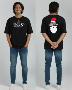 Sri Lankan male model wearing a black Merry Christmas oversized t-shirt with a white Christmas tree and reindeer graphic on the front and a bold Santa hat and beard Merry Christmas design on the back, shown from front and back to highlight the oversized holiday tee.