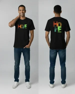 Sri Lankan male model wearing a black t-shirt with a rainbow “HOPE” graphic on the front and large stacked “HOPE” text on the back, shown from front and back to highlight the design and fit.