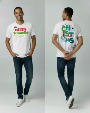 Sri Lankan Male model wearing a white “Merry Christmas” t-shirt with red and green holiday graphics across the chest and bold stacked “CHRISTMAS” letters on the back, shown from front and back.