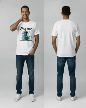 Sri Lankan male model wearing a white “Statue” t-shirt with a teal artistic statue illustration on the front, shown from the front and back to highlight the printed design and regular fit.