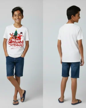 Sri Lankan smiling boy wearing a white “Merry Christmas and Happy New Year” t-shirt with colorful Santa, reindeer, snowman, and Christmas tree graphic on the front, shown from the front and back with plain white reverse, styled with denim shorts and flip-flops.