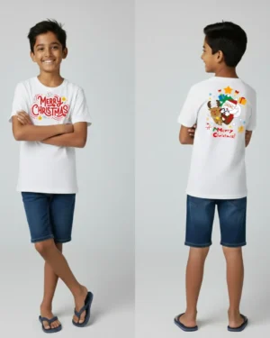 Smiling boy wearing a white Merry Christmas t-shirt with bold red script on the front and colorful Santa-and-reindeer gift scene printed on the back, shown from front and back to highlight the festive kids’ design.