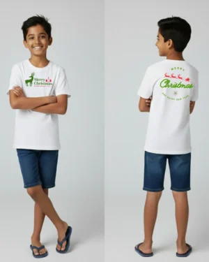Smiling Sri Lankan boy wearing a white Merry Christmas t-shirt with green reindeer and red trees graphic on the front and curved green “Merry Christmas and Happy New Year” sleigh design on the back, shown from front and back with denim shorts and flip-flops.