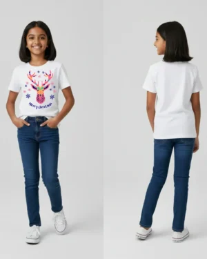 Smiling girl wearing a white Christmas t-shirt featuring a bright geometric reindeer head surrounded by snowflakes and “Merry Christmas” text, shown from front and back to showcase the playful kids’ design.