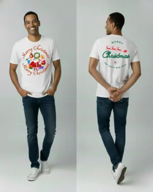 Smiling Sri Lankan male model wearing a white Merry Christmas t-shirt with festive Santa, wreath and gift artwork on the chest and classic green-and-red “Merry Christmas and Happy New Year” sleigh design on the back, shown from front and back.