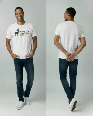 Smiling Sri Lankan male model wearing a white minimalist “Merry Christmas and Happy New Year” deer and trees graphic t-shirt with jeans and sneakers, shown from the front and back to showcase the clean holiday design.